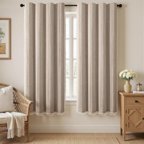 Khaki Brown Boho Blackout Curtains 2 Panels with Tassels 52W X 70L (Khaki Brown / 52"W x 70"L (Pack of 2))