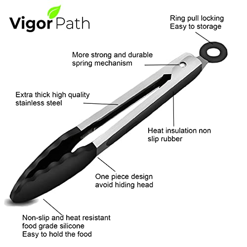 2-Pack of 9" (Small) & 12" (Large) Kitchen Tongs Set: Non-Stick Silicone-Stainless Steel Cooking Tongs, BPA Free, Heat Resistant (480°F) - Non-Slip Grip & Locking Metal Food Tongs (Black) (Black)