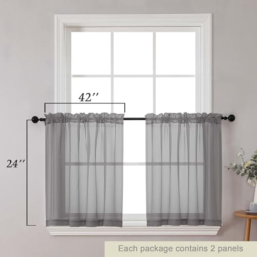 Kitchen Curtains 24 Inch Length Tier 2 Pieces (Grey / 42"W x 24"L (Pack of 2))