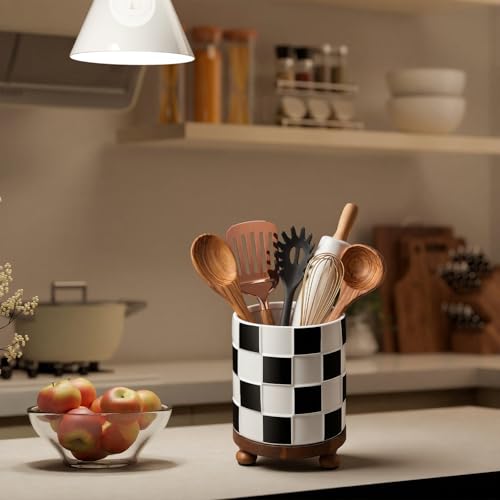 Kitchen Utensil Countertop Holder Checkered Utensil Crock (Black and White Checkered)