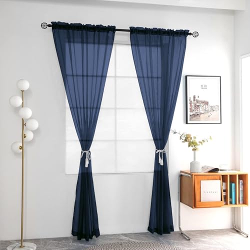 Solid Sheer Rod Pocket Curtain Voile Draperies 2 Panels White Beige Black Grey Coffee 52 Inch Width 72 Inch Long 1 Pair for Kitchen Bedroom Children Living Room Yard (Navy / 52"W x 72"L (Pack of 2))