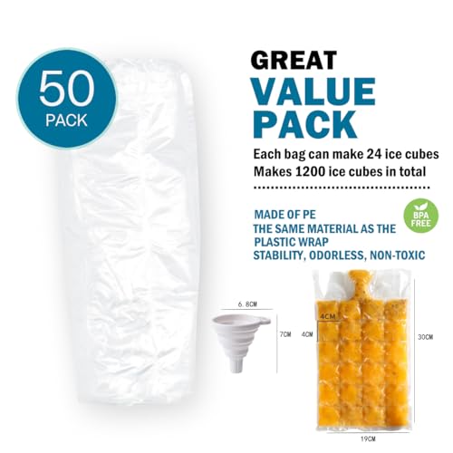 50PC Disposable Ice Cube Bags with Silicone Funnel (50 count pack)