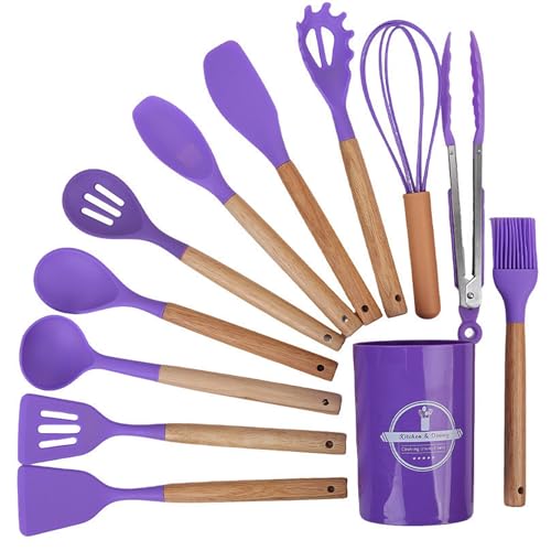 Kitchen Silicone Cooking Utensil Set with Wooden Handles Holder (Purple-Heavy duty Sets)