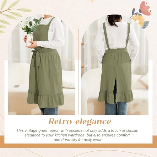 100% Cotton Aprons with Pockets Pinafore Dress for Women Vintage Cotton Apron for Christmas Kitchen Cooking Gifts (Olive Green / Vintage)