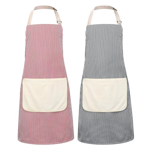 2 Pack Striped Kitchen Aprons with Detachable Hand Wipe