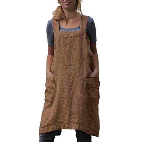 Japanese Pinafore Apron Smock Cotton Apron with Pockets Plus Size Aprons for Women (Brown / X-Large)