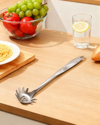 Spaghetti Spoon and Pasta Tong with Grip Teeth and Drain Holes (Silvery(stainless steel）)