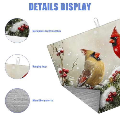 Winter Cardinal Bird Dish Drying Mat for Kitchen Counter Snow Drying Pad Absorbent Reversible Dish Drainer Rack Mats Draining Pad 18"x24"Inch