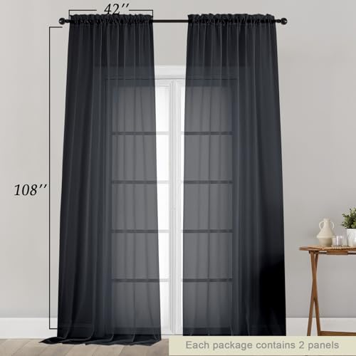 Extra Long Sheer Black Curtains for Bedroom Living Room 108 Inches Long 2 Panels Set (Black / 42"W x 108"L (Pack of 2))