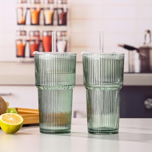 4PCS Green Ribbed Glass Cups with Lids and Straws (Green-4)