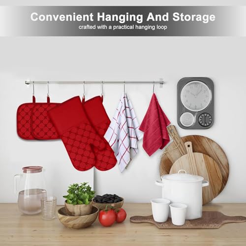 Oven Mitts Kitchen Towels Dishcloths with Pot Holders Sets 12PCS (Red)