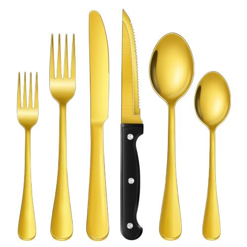 24 Piece Gold Silverware Set with Steak Knives Black Stainless Steel Flatware Set for 4 Food Grade Tableware Cutlery Set Rust (24Pcs-C)