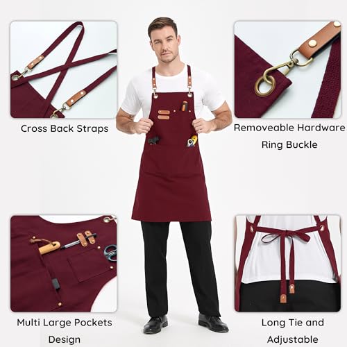 Chef Canvas Aprons with 3 Large Pockets Adjustable Strap for Men Women Red (Red)