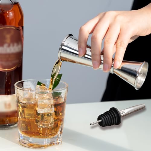 Double Cocktail Jigger for Bartending (Rolled Edge-1oz/2oz-1PC+2 Pourers / Silver)