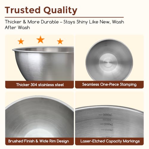 Stainless Steel Mixing Bowls Set (3 Pcs, 1.5, 2.22 & 3.38 qt)