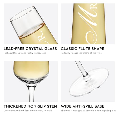 Mr Mrs Gifts Wedding Champagne Flutes (Mr + Mrs（Black） / Set of 2（Wooden box）)