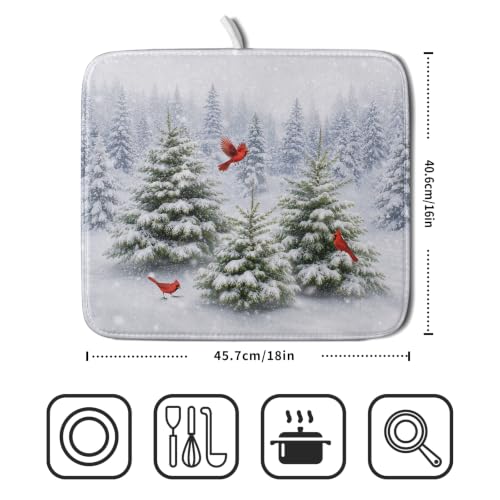 Winter Decorative Dish Drying Mat for Kitchen Sonwy Green Pine Trees Red Birds Dish Drainer Mats 16x18inch Xmas Nature Forest Snow Dish Drying Rack Pad Protector for Countertop Dining (18" x 16")