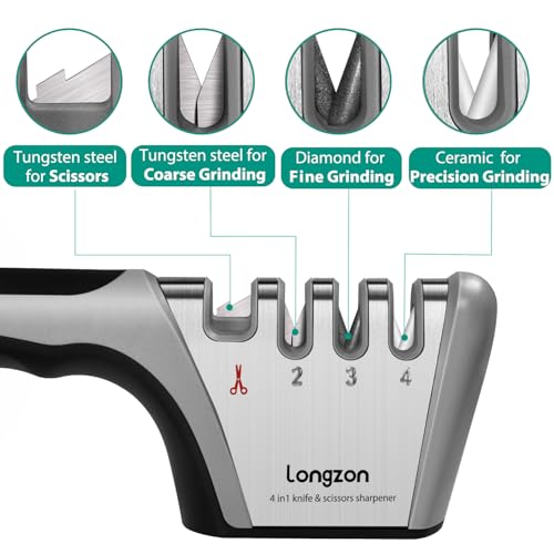 5-in-1 Knife Sharpener 4 Stage with Cut-Resistant Glove, Quickly Sharpens & Restores Dull Blades, Easy & Safe for Home Manual Kitchen Use, Fits Most Knives and Scissors, Black+Silver (Black+Silver)