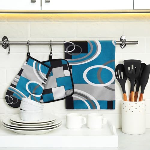 6 Pcs Kitchen Decor Set Accessory Farmhouse Kitchen Towels Pot Holders Oven Mitts Set 2 Dish Towels 2 Pot Holders 2 Cooking Mittens Oven Glove for Cooking (Teal,white, Gray / Geometric)