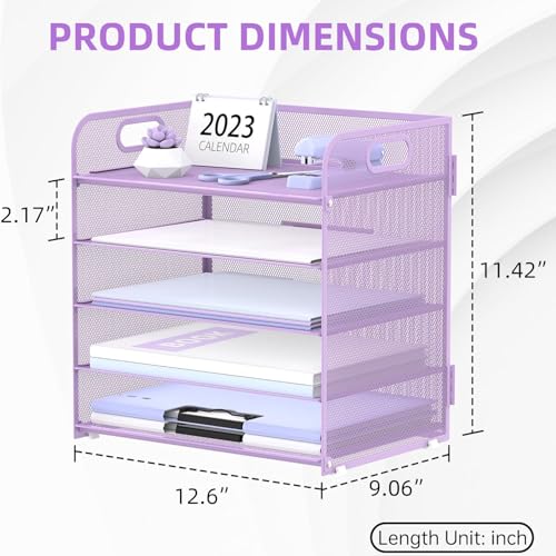 5 Trays Paper Organizer Letter Tray with Handle (Purple)
