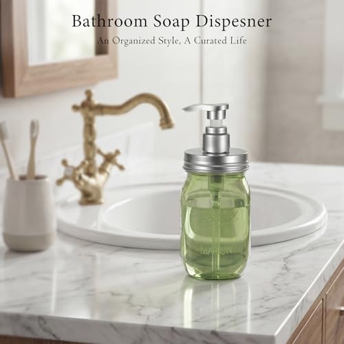 Plastic Mason Jar Soap Dispenser with Pump Lid 16OZ (Green Jar With Silver Pump)