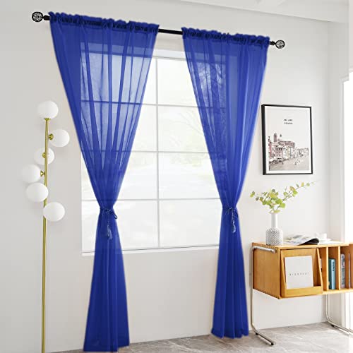 Solid Sheer Rod Pocket Curtain Voile Draperies 2 Panels White Beige Black Grey Coffee 52 Inch Width 63 Inch Long 1 Pair for Kitchen Bedroom Children Living Room Yard (Blue Sapphire / 52"W x 63"L (Pack of 2))