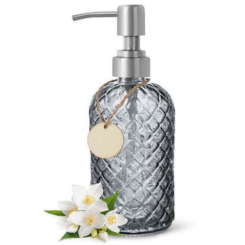 Gem Patterned Glass Soap Dispenser with Rust Proof Stainless Steel Pump (Stainless Steel Pump / Gem-grey)