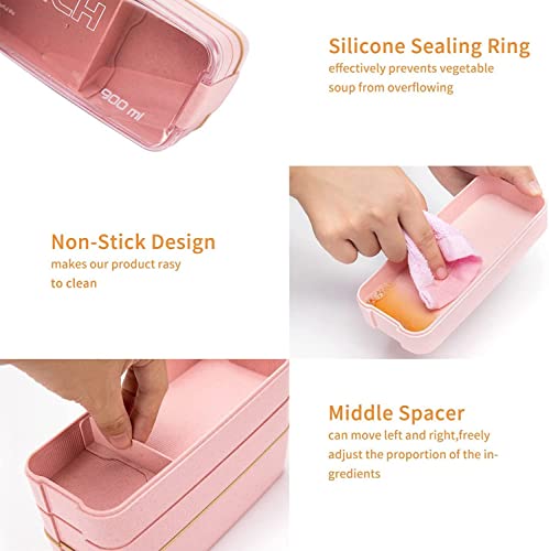3 Pack Stackable Bento Box Adult Japanese Lunch Box Kit with Spoon & Fork (Green/Pink/Beige / 3 pack)