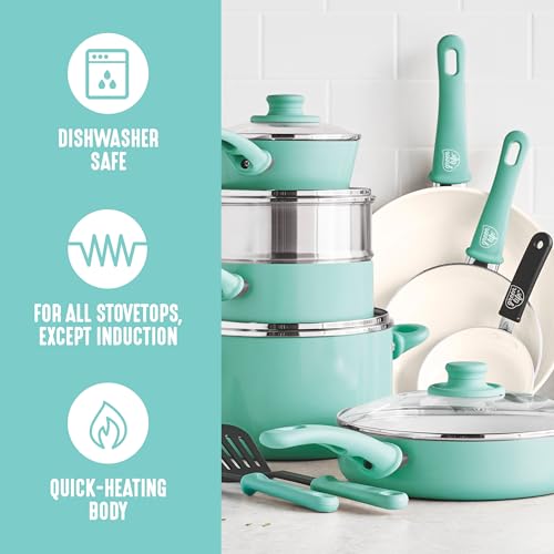 16 Piece Ceramic Nonstick Pots & Pans Cookware Set (16 Piece Cookware Set / Soft Grip / Mint Green)