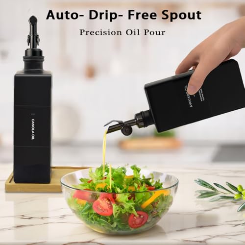Olive Oil Dispenser Bottle for Kitchen with Bamboo Tray (Black / 16.9oz, Set of 2)
