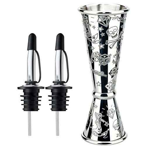 Jigger for Bartending (1 Jigger+ 2 Pourers with Caps / Printing Carving)