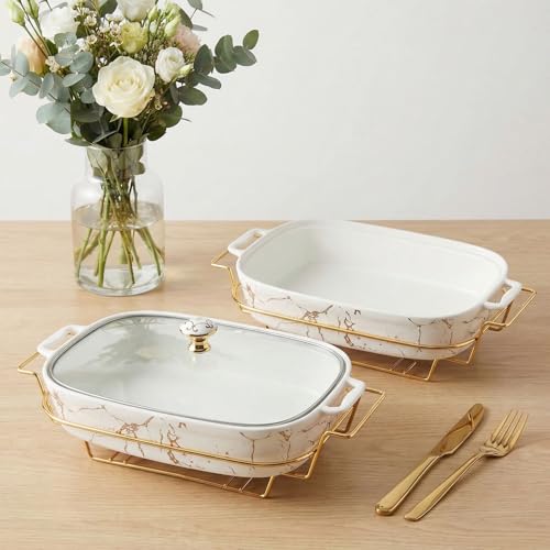 12" x 8" Ceramic Casserole Dish with Glass Lid and rack (White / 14.4 Inch(1.6 qt))