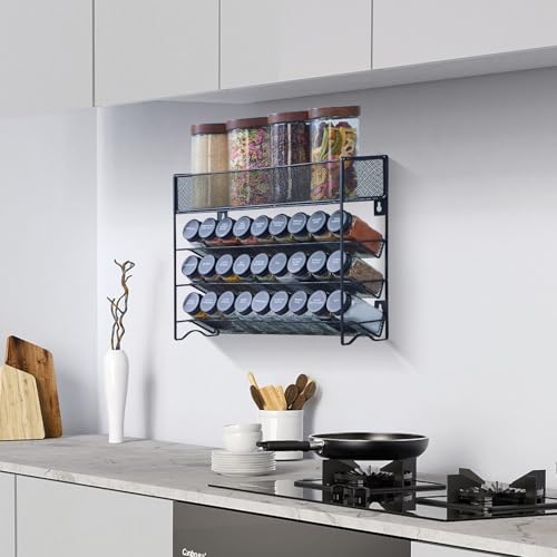 Spice Rack Organizer with 27 Spice Jars with Black Lids (4.7"D x 16.5"W x 12.6"H)