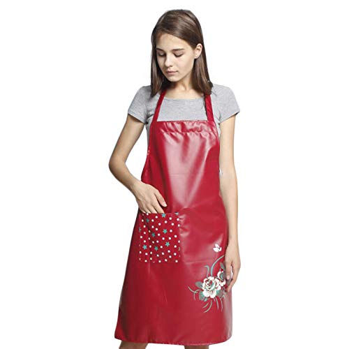 PU Kitchen Oil and Waterproof Aprons for Women with Pocket (Red)
