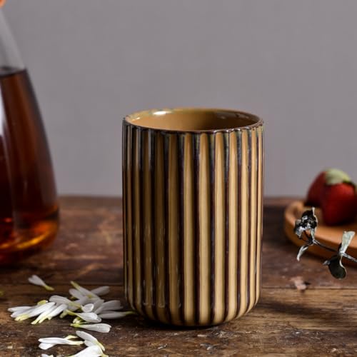 Stoneware Coffee Bar Utensil Holder Tea & Coffee Spoon & Stirrer Holder for Stir Stick Straw Teaspoon Holder Espresso Spoon Cup Small Utensil Jar Fluted Vertical Stripe (Rustic Brown)