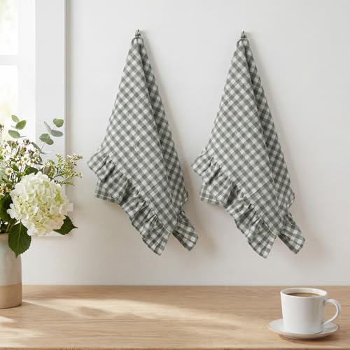 2 Pcs Sage Green Gingham Kitchen Towels Cotton Ruffled (Sage Green / Gingham)