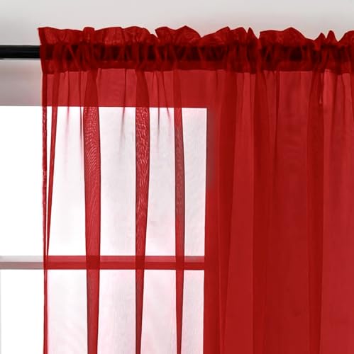 Sheer Voile Window Treatment Rod Pocket Curtain Panels for Kitchen Bedroom Living Room Drapes Sunlight Filtering Privacy Semi Home Decor Assorted Colors Sizes (Christmas Red / 52"W x 45"L (Pack of 2))