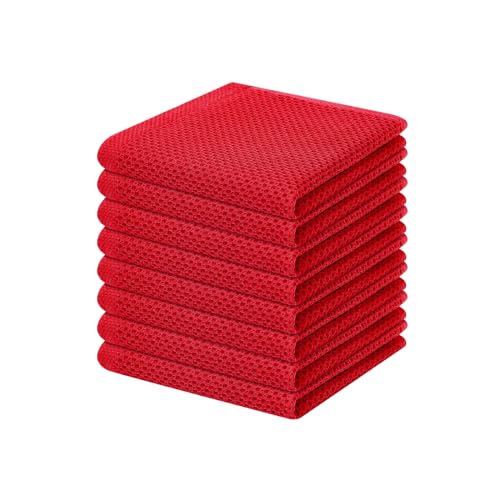 100% Cotton Waffle Weave Kitchen Dish Cloths 8 (Red / 12 X 12 - 8 Pack)