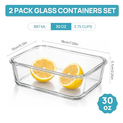 2Pack 30oz Meal Prep Container Glass with Lids (Grey / 2pk30oz)