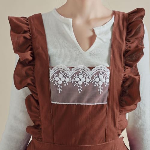 Cute Cotton Apron Frilly Lace Ruffle Adjustable Pinafore Apron Dress with Pockets for Cooking Baking Cleaning Gardening (Coffee)