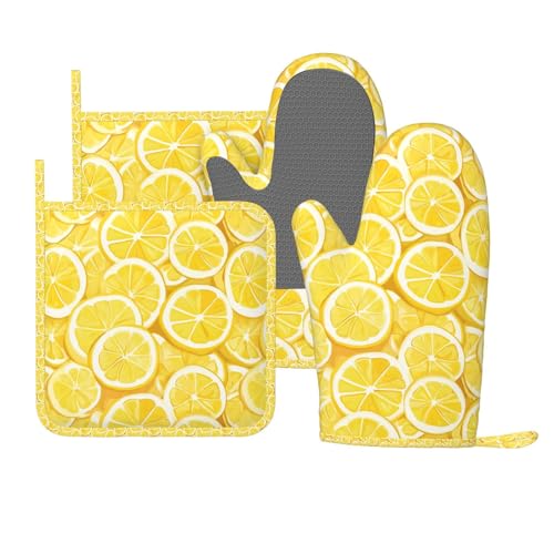 Oven Mitts and Pot Holders Lemon Watercolor Yellow Silicone Kitchen Accessories Set of 4 Heat Resistant Long Gloves Potholder Non (A0664213)