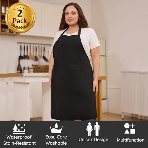 2 Pack Plus Size Waterproof Chef Apron with 2 Pockets for Men Women (Black)