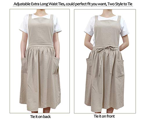 Women Girls Vintage Apron Adjustable Gardening Works Cross Back Cotton (Beige / One Size)