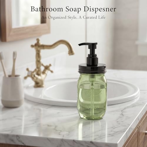 Plastic Mason Jar Soap Dispenser with Pump Lid 16OZ (Green Jar With Black Pump)