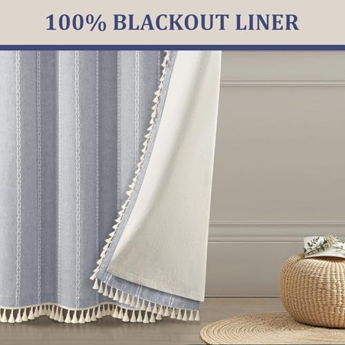 Blue 100% Boho Blackout Curtains 72 Inch 2 Panels with Tassels (Blue / 52"W x 72"L (Pack of 2))