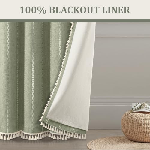 Green 100% Boho Blackout Curtains 84 Inch 2 Panels with Tassels (Green / 52"W x 84"L (Pack of 2))