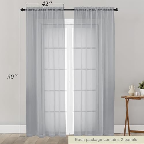 Sheer Light Grey Curtains for Bedroom Living Room 90 Inches Long 2 Panels Set (Light Grey / 42"W x 90"L (Pack of 2))
