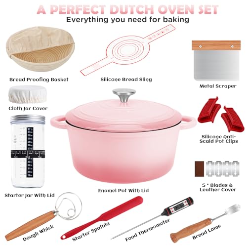 Enameled Cast Iron Dutch Oven Pot with Lid (Pink)