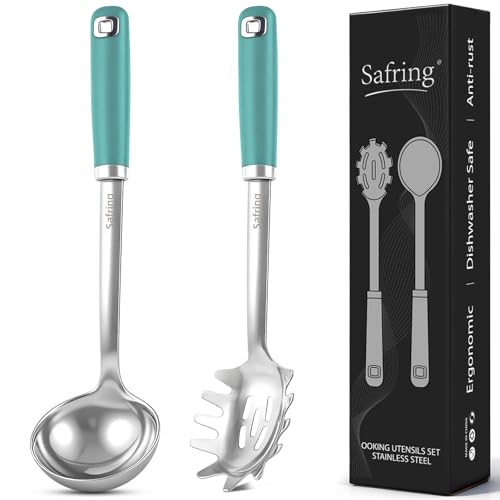 Stainless Steel Soup Ladle and Spaghetti Spoon Set (Aqua Sky)