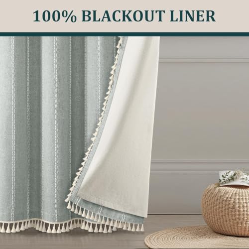 Teal 100% Boho Blackout Curtains 2 Panels with Tassels 52W X 82L (Teal Green / 52"W x 82"L (Pack of 2))